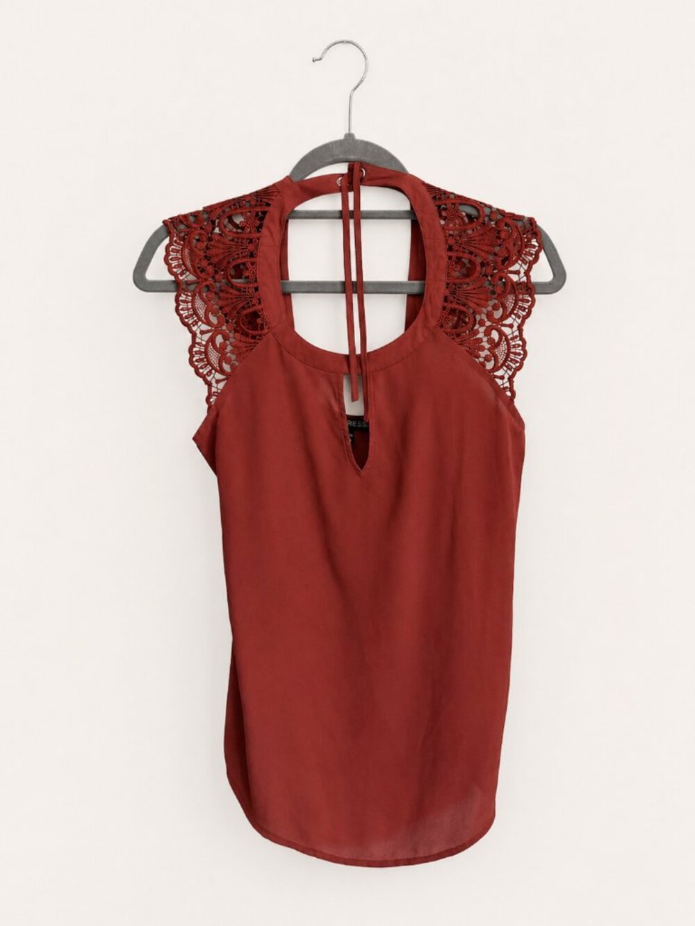 Red Lace Shoulder Open Back Tie-Neck Blouse